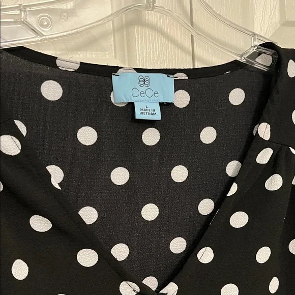 CeCe Black and White Polka Dot Blouse v neck - Picture 4 of 6